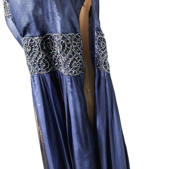 Adrianna Papell Dress Blue Evening Halter Gown Size 14 Polyester Silk Embellishe - Picture 9 of 11